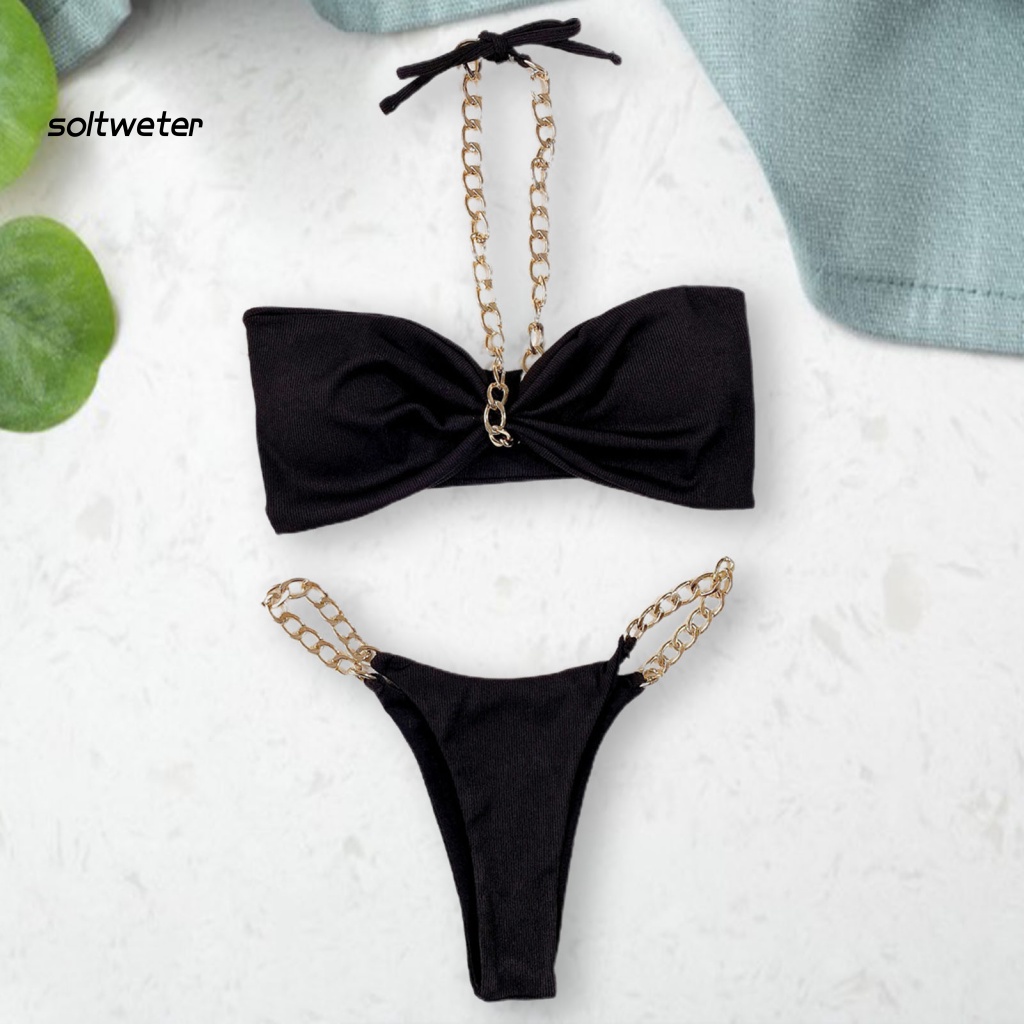 Bộ Đồ Bơi Hai Dây Lưng Thấp Co Giãn Xếp Ly Quyến Rũ Cho Nữ