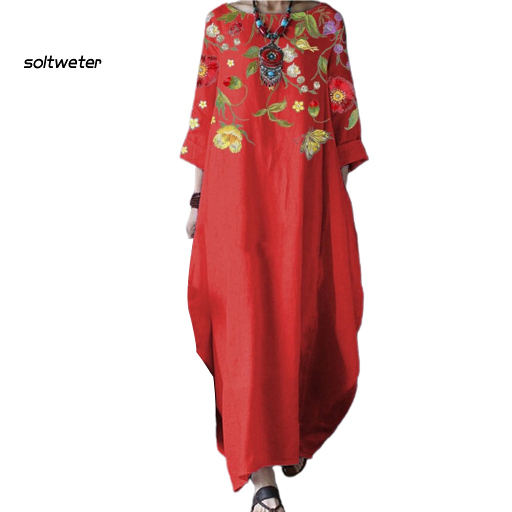 Đầm Maxi Cổ Tròn 3 / 4 Dáng Rộng In Họa Tiết Hoa Lá Thời Trang Xuân Thu Xinh Xắn Cho Nữ