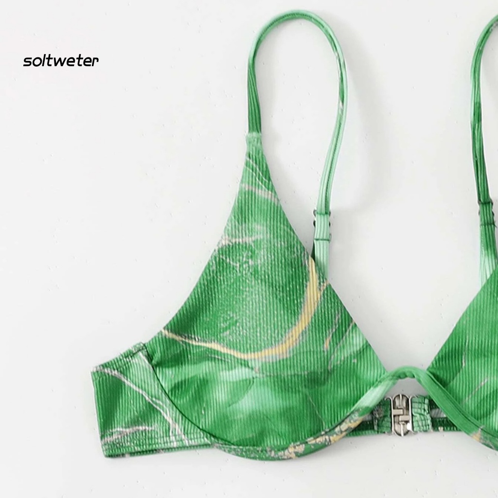 Bộ Đồ Bơi Bikini 3 Món Gồm Áo Cổ Chữ V In Họa Tiết Cẩm Thạch + Chân Váy Lưng Cao + Áo Hai Dây Nâng Ngực Gợi Cảm Cho Nữ