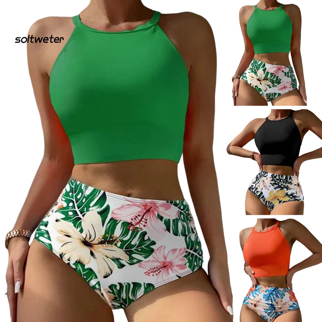 Bộ Đồ Bơi Bikini Hai Mảnh Lưng Cao Co Giãn Có Mút Đệm In Họa Tiết Hoa Thời Trang Mùa Hè Quyến Rũ Cho Nữ