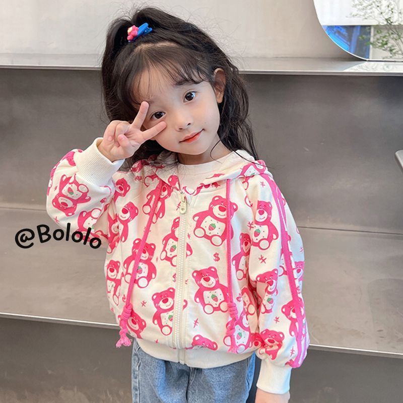 Bololo Áo Khoác sweater Có Khóa Kéo Họa Tiết Gấu Và Dâu Tây Dễ Thương Cho Bé Gái
