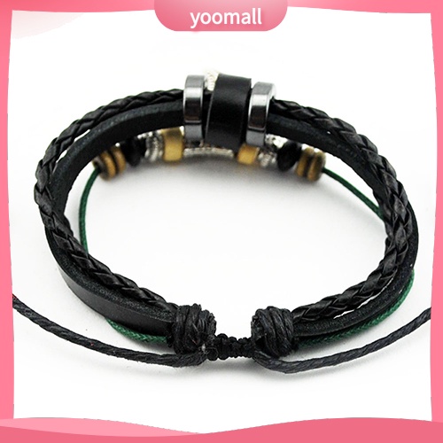 Vòng Tay Giả Da Nhiều Lớp Đính Hạt Và Mặt Hình Lá Có Thể Điều Chỉnh Kích Thước Unisex