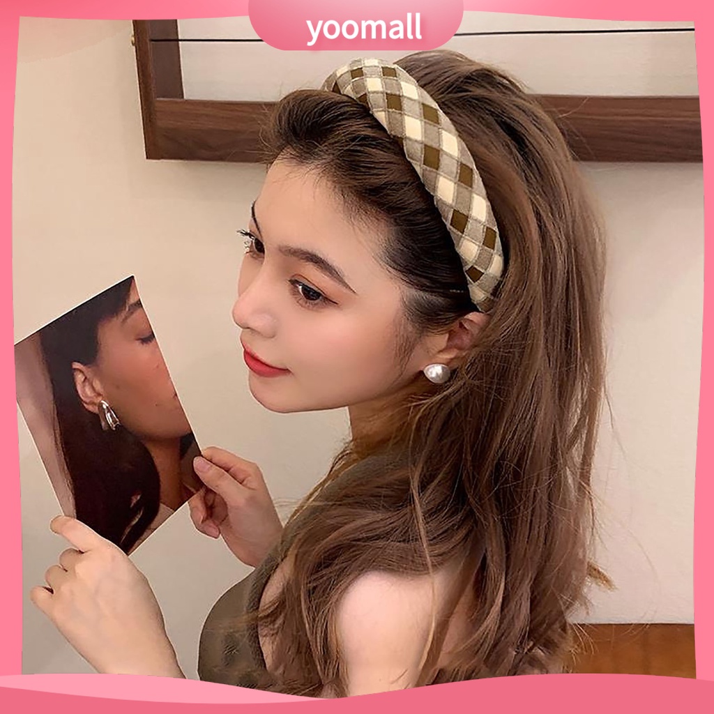 Băng Đô Cài Tóc Bản Rộng Chống Trượt In Họa Tiết Caro Dễ Thương Cho Nữ