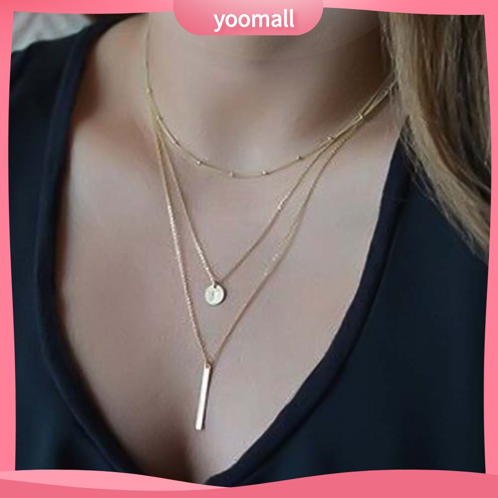 [YM] Vòng cổ Dài 3 Lớp Mặt Thanh Tròn Thời Trang Dự Tiệc Dành Cho Nữ