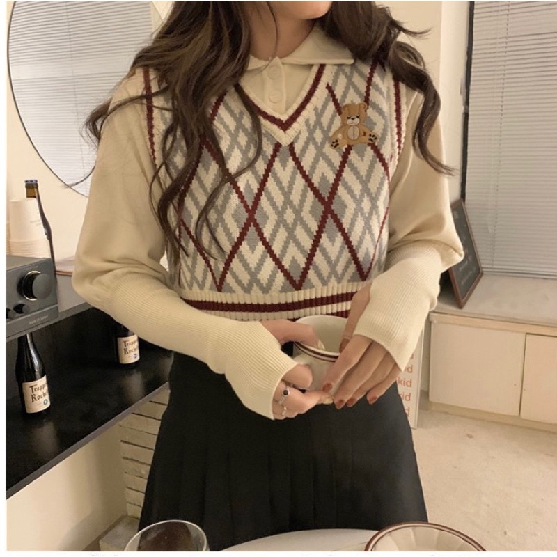 MM407 Áo gile len nữ Teddy bear Hàn Quốc