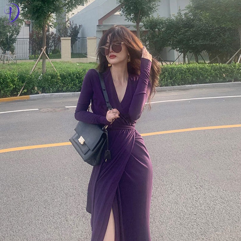 Đầm Tím Tay Dài Phối Cà Vạt Co Giãn Tốt Thiết Kế Trang Nhã Cho