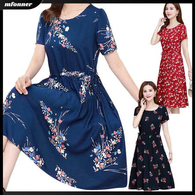 Đầm Midi Dáng Rộng Cổ Tròn In Hoa Thời Trang Mùa Hè Cho Nữ Plus Size