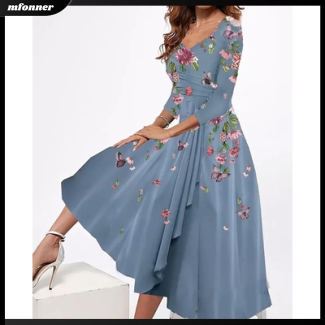 Đầm Midi Tay Lỡ 3 / 4 Dáng Rộng Cổ Chữ V In Hoa Thời Trang Mùa Hè Cho Nữ