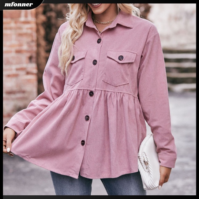 Áo Khoác Nhung Kẻ Tay Dài Màu Trơn Cài Nút Có Túi Dành Cho Nữ