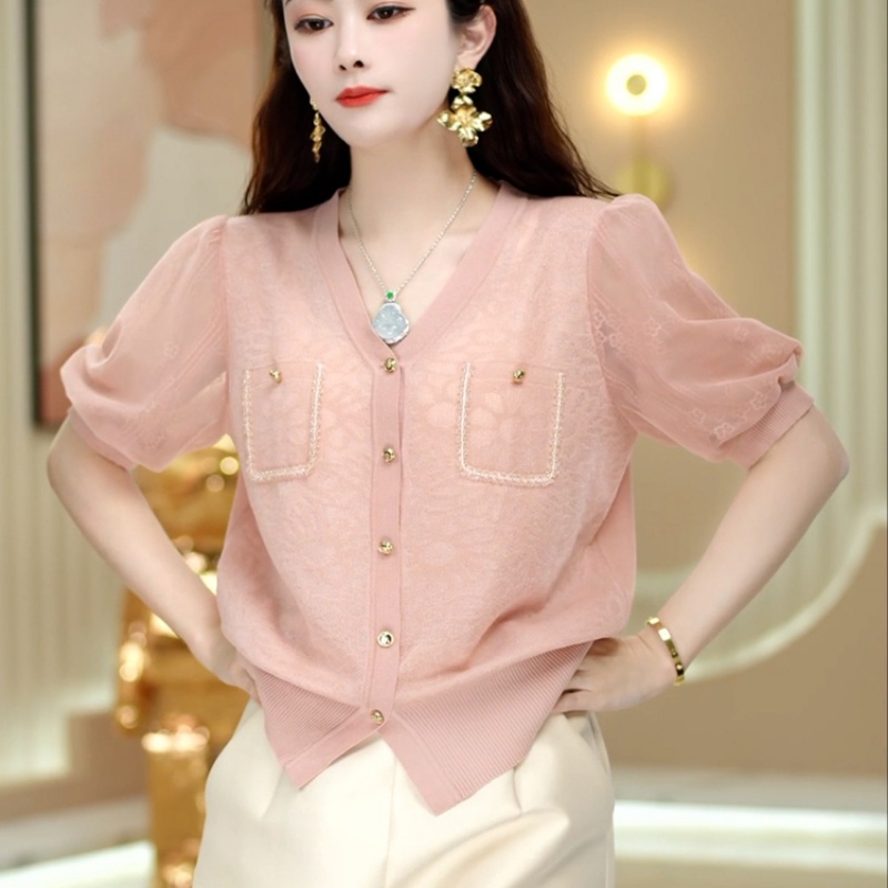 Áo cardigan MULTIPLICATION dệt kim cổ chữ V tay ngắn thời trang mùa hè khí chất 2023 cho nữ