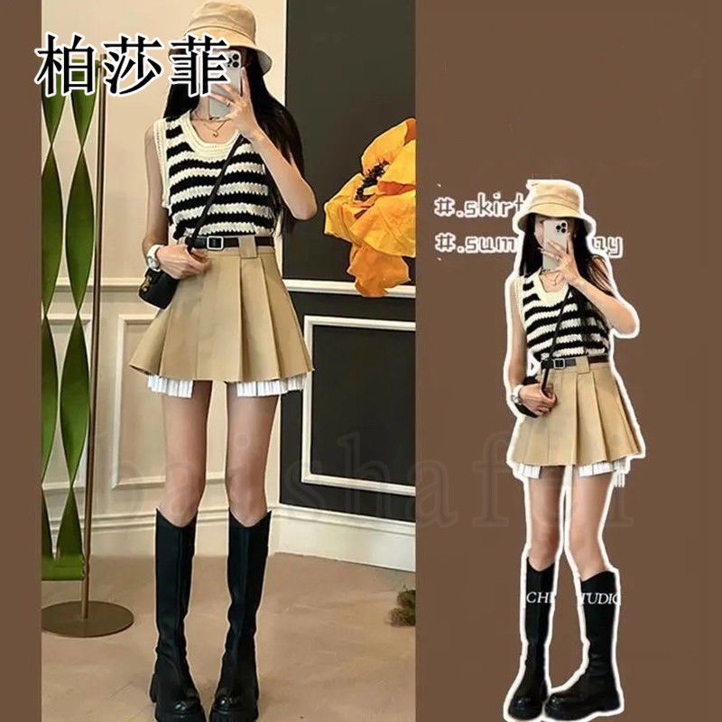 Set Áo Len Không Tay + Chân Váy Lưng Cao Thời Trang Hàn Quốc Cho Nữ