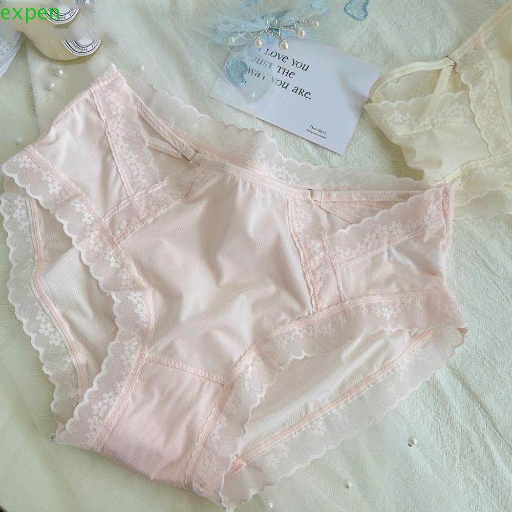 Quần Lót Cotton Lụa Phối Ren Trong Suốt Lưng Vừa Phong Cách Hàn Quốc Cho Nữ