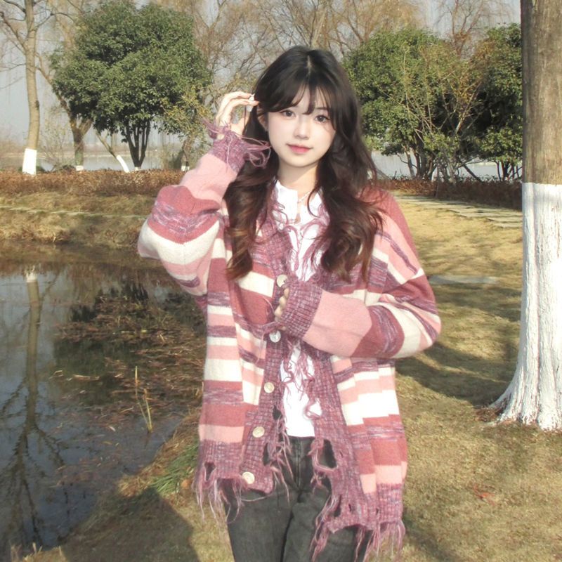 Áo Khoác Cardigan Dệt Kim Kẻ Sọc Phối Tua Rua Thời Trang Hàn Quốc Mới Cho Nữ