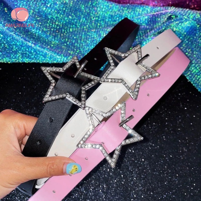 Thắt Lưng Da PU Màu Hồng Đính Đá Hình Ngôi Sao Năm Cánh Thời Trang Có Thể Điều Chỉnh