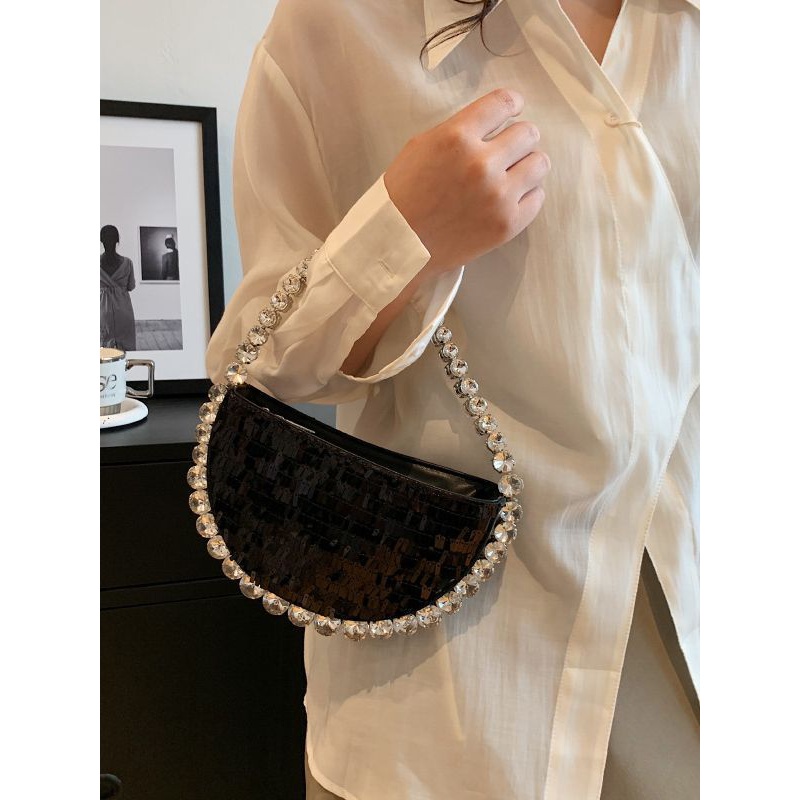 Túi Xách Cầm Tay Hình Bán Nguyệt Đính Đá Lấp Lánh Sang Trọng Dành Cho Nữ