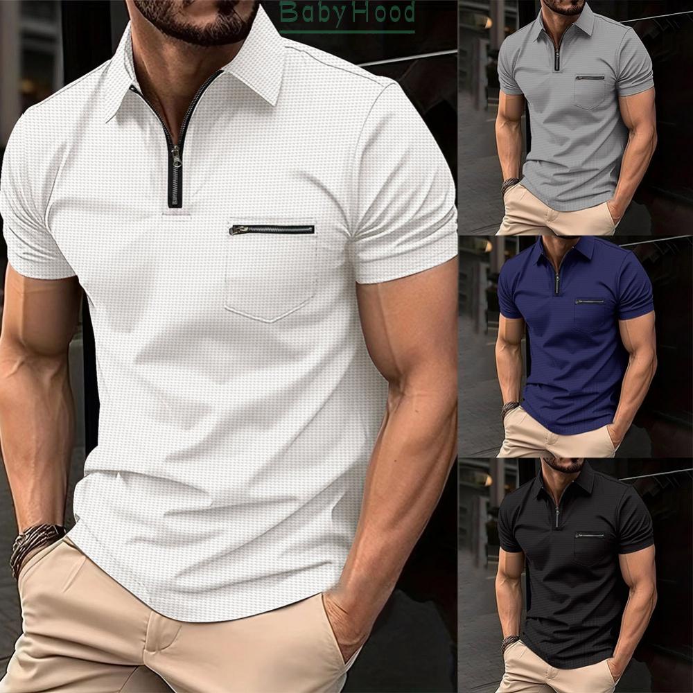Mens Zip Neck Shirt Short Sleeve Regular Work Casual Slim Fit Tee Tops Formal#BBHOOD