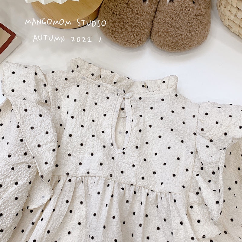 Áo Sơ Mi Cổ Đứng Lá Sen Họa Tiết Chấm Bi Phong Cách Hàn Quốc Thời Trang Mùa Thu 2023 Dành Cho Bé Gái