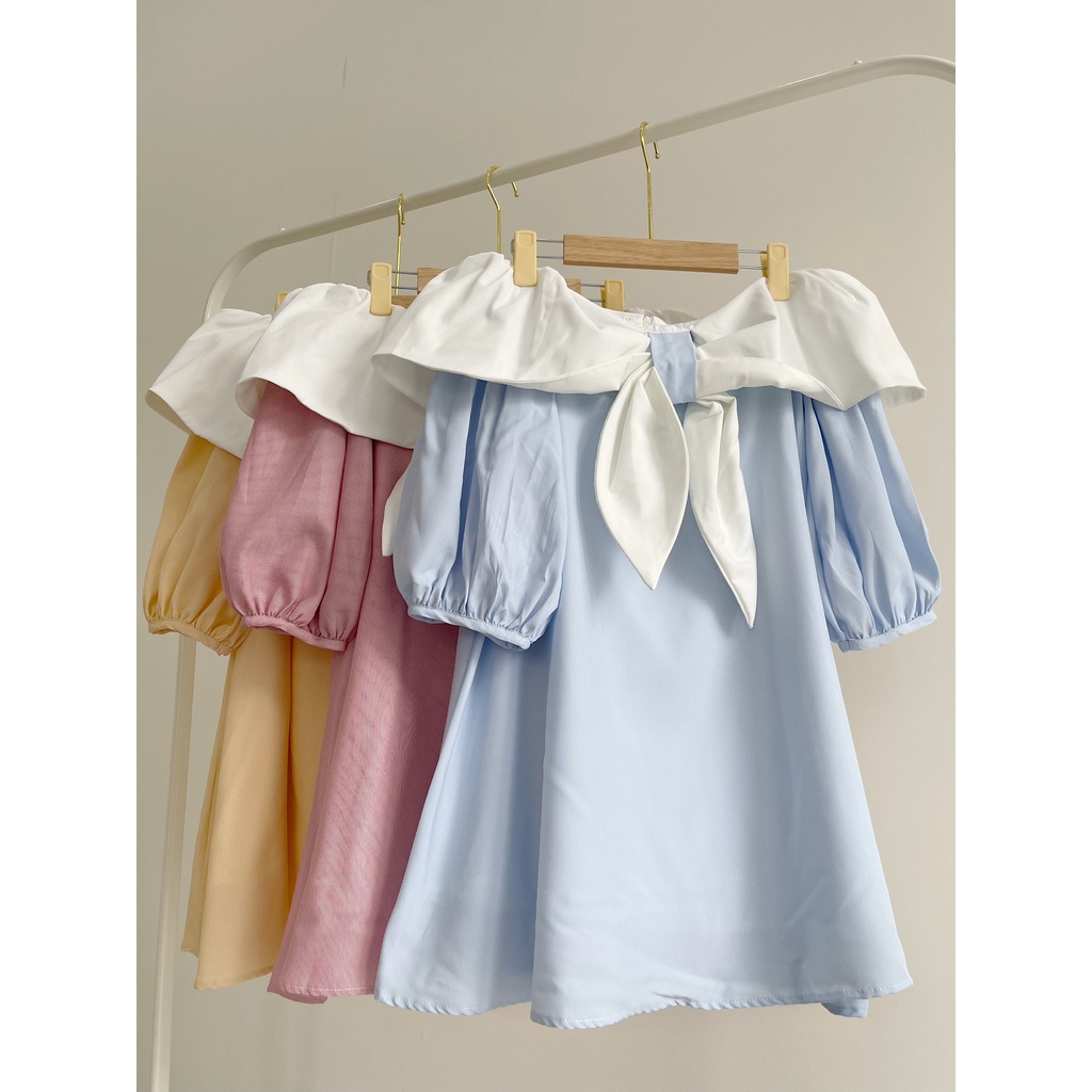 Váy hồng thắt nơ đơn giản dễ thương đi tiệc, đầm babydoll trễ vai công chúa sang chảnh tiểu thư