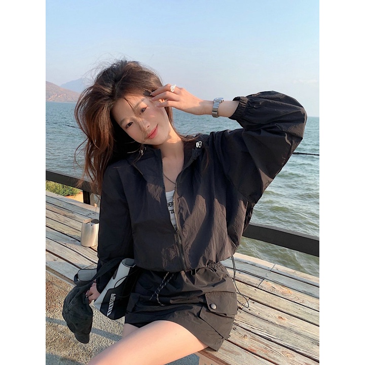 SUXI Áo Khoác Chống Nắng Thể Thao Tay Dài Dáng Rộng Có Mũ Trùm Phối Dây Rút Thời Trang Mùa Hè