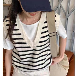 Áo Len Sát Nách Cổ Chữ v Họa Tiết Kẻ Sọc Dáng Rộng Thời Trang Xuân Thu Mới Cho Nữ