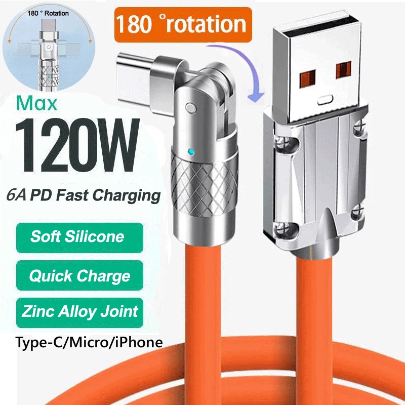 Dây Cáp Sạc Nhanh 6A 120W Cổng USB Loại C Bằng Silicone 180 Độ Tiện Dụng° Dây Cáp Sạc Xoay Được Cho IPhone Chơi Game