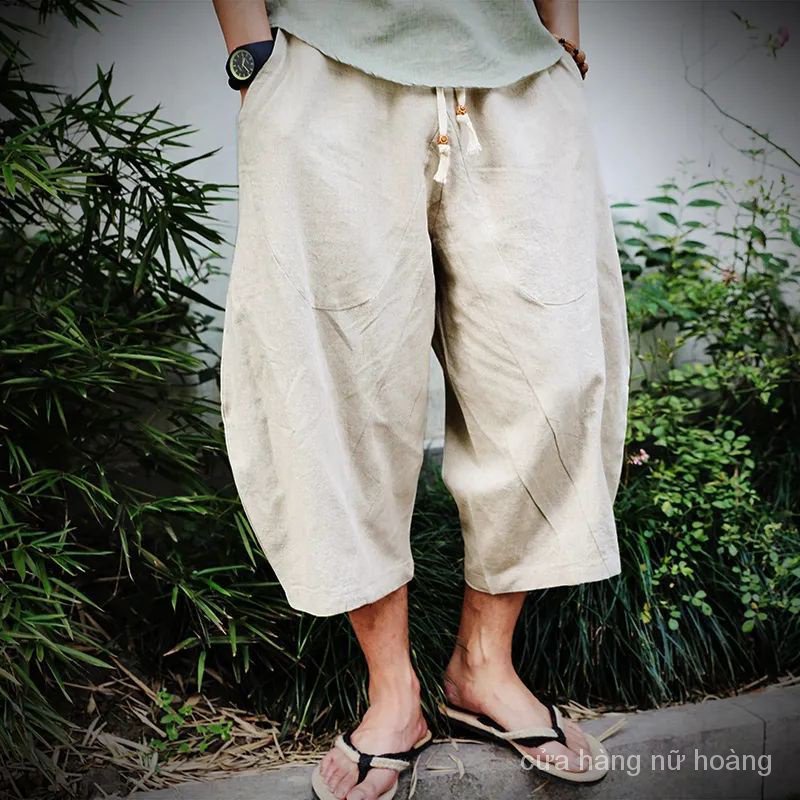 Quần Lửng Cotton Lanh Ống Rộng Phong Cách Trung Hoa Thời Trang Mùa Hè Cho Nam