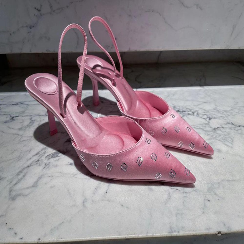 Sandal Cao Gót Mũi Nhọn Dây Hở Lưng Đính Đá Màu Hồng Phong Cách Mới Mùa Hè Dành Cho Bạn Nữ