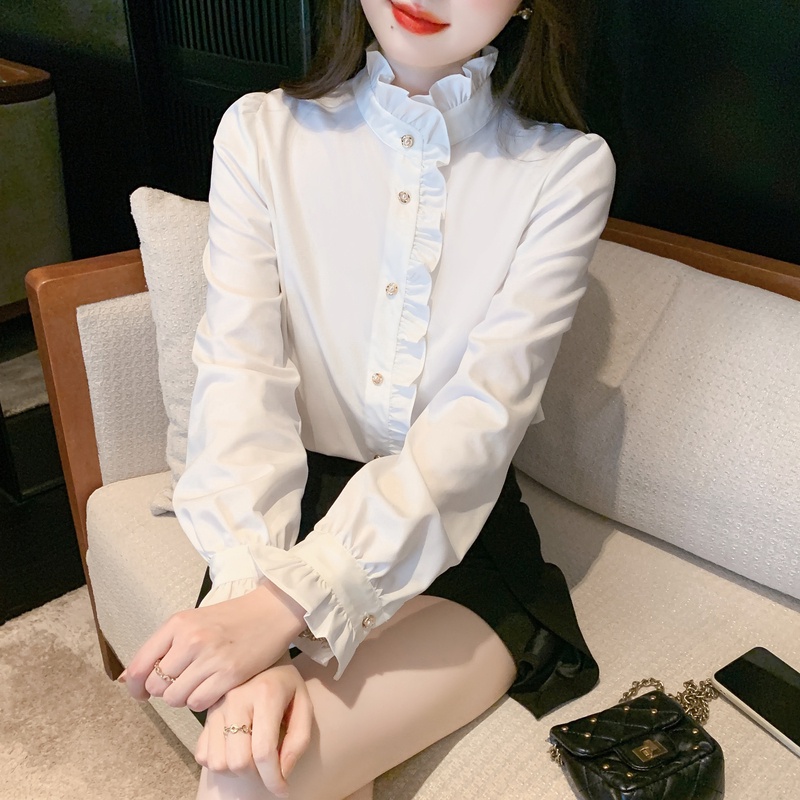 Multiplication phong cách pháp cổ áo đứng-up xù ren áo sơ mi voan thời trang sang trọng nấm cạnh cổ áo cao hơi trong suốt tay áo loe top ff
