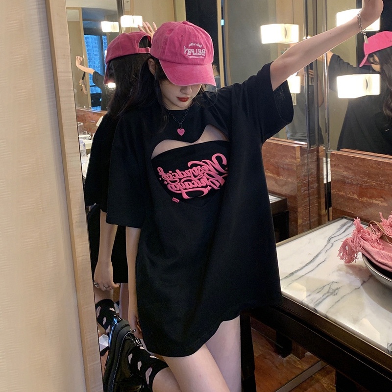 American sweet spicy style t-shirt của phụ nữ trái tim rỗng lớn cô gái cay tay ngắn hai mảnh ins top