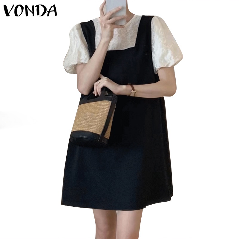 Vonda Đầm Dáng Rộng Giả Hai Lớp Tay Ngắn Phồng Cổ Tròn Phong Cách Hàn Quốc Dành Cho Nữ