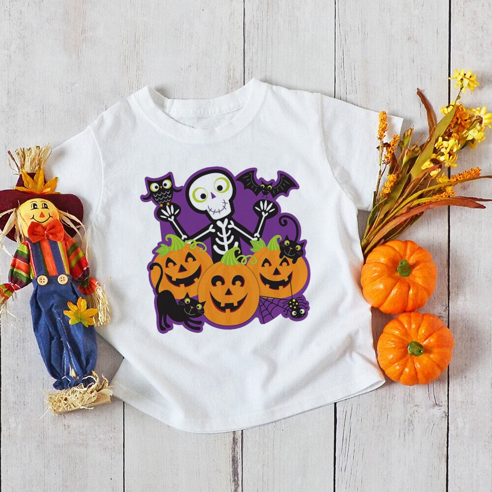 Halloween Bé Trai Bé Gái Áo Thun Tay Ngắn 1-12Y Bé Trai Bé Gái Trẻ Em Halloween Bí Ngô Áo Thun Cổ Tròn Mềm Mại Áo Thun Trẻ Em