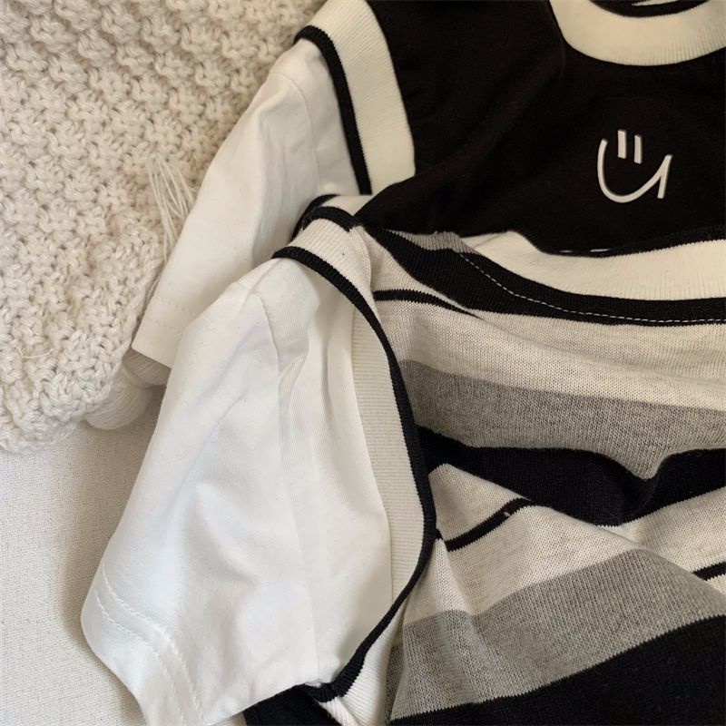 Áo Thun Giả Hai Lớp Tay Ngắn Kẻ Sọc In Hình Mickey Phong Cách Nhật Bản Thời Trang Mùa Hè Hàng Mới Dành Cho Bé Trai Bé Gái