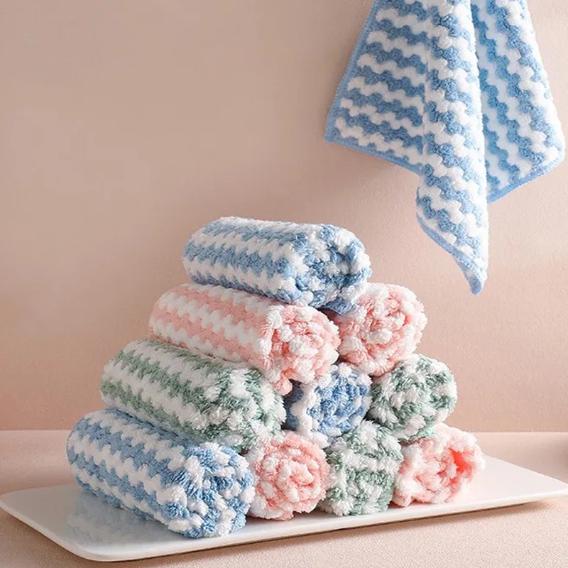 Trang chủ làm khô nhanh khăn lau loại bỏ dầu / nhà bếp không dính dầu coral fleece khăn rửa bát / khăn lau tay sợi nhỏ dày mềm / sọc sóng siêu thấm hút khăn lau