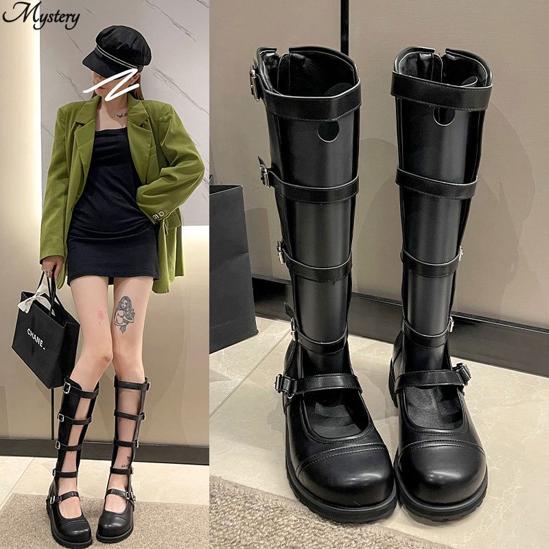 Màu đen skinny boots, openwork motorcycle boots, boots hiệp sĩ cổ điển của phụ nữ