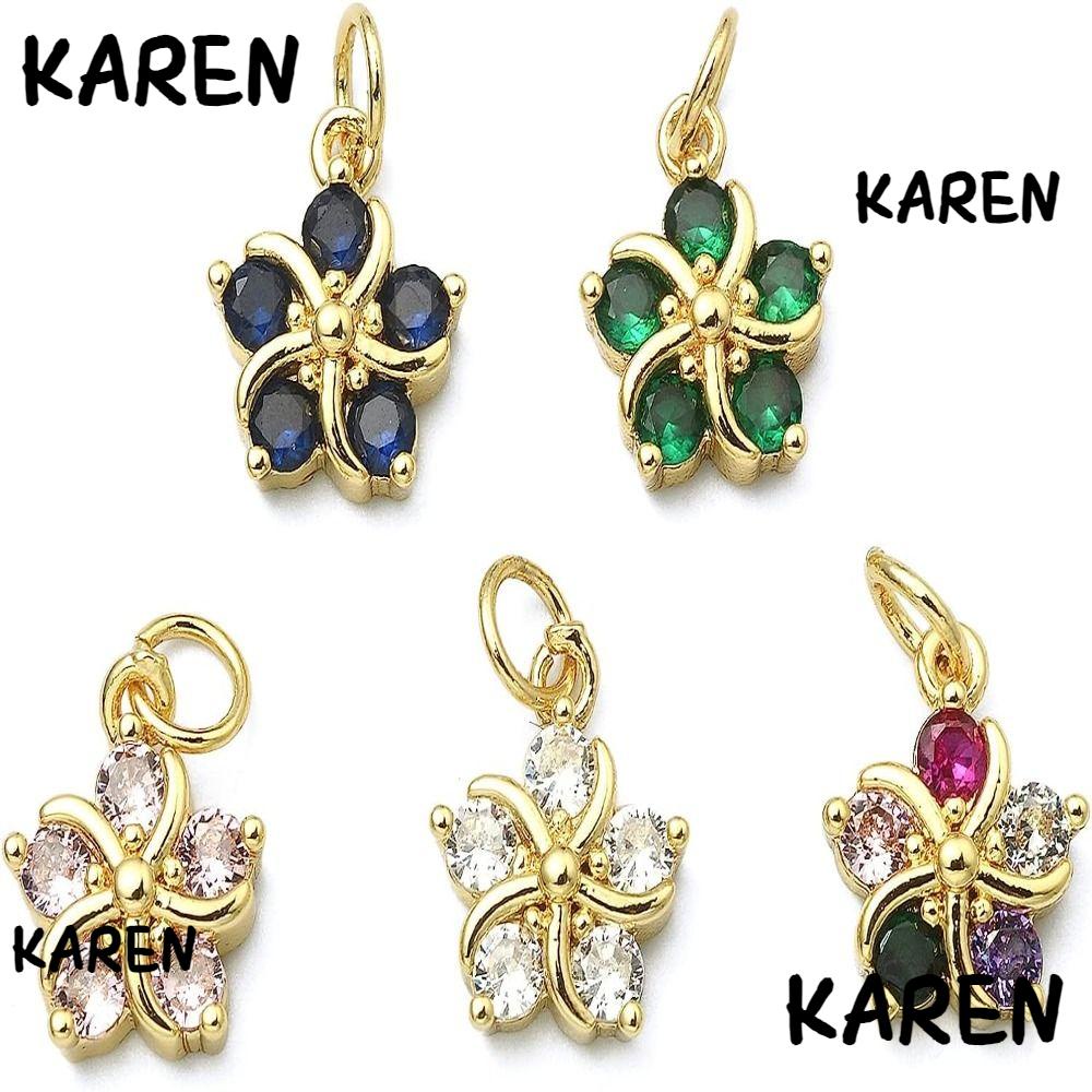 Bùa hoa karen, đồng thau và khối zirconia màu tím nhạt, trắng, đen, xanh lá cây, xanh lam, xanh hồ, bùa đỏ hồng vàng thật, phụ kiện trang sức khối màu ngẫu nhiên