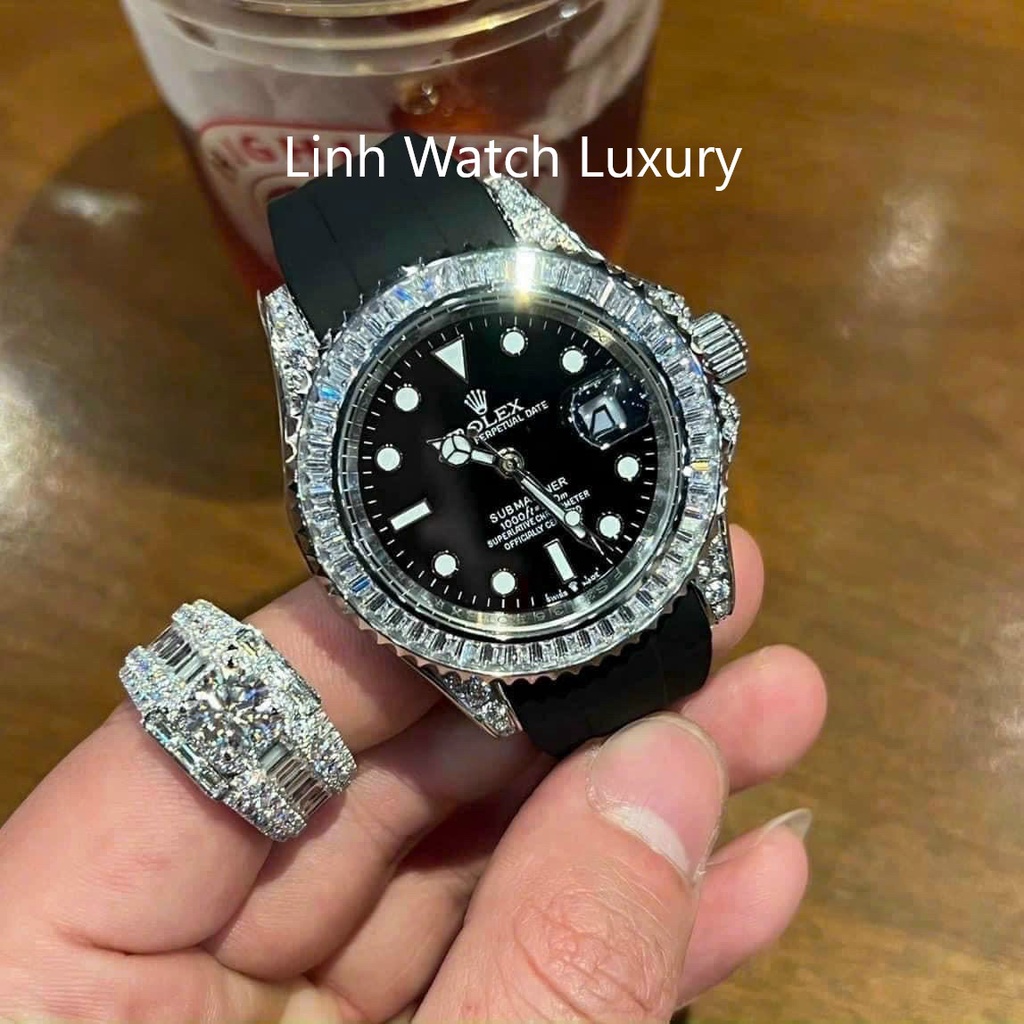 Đồng Hồ Nam R0lex Submariner viền đá CZ, Dây cao su, Máy cơ automatic, Hỗ trợ cót tay