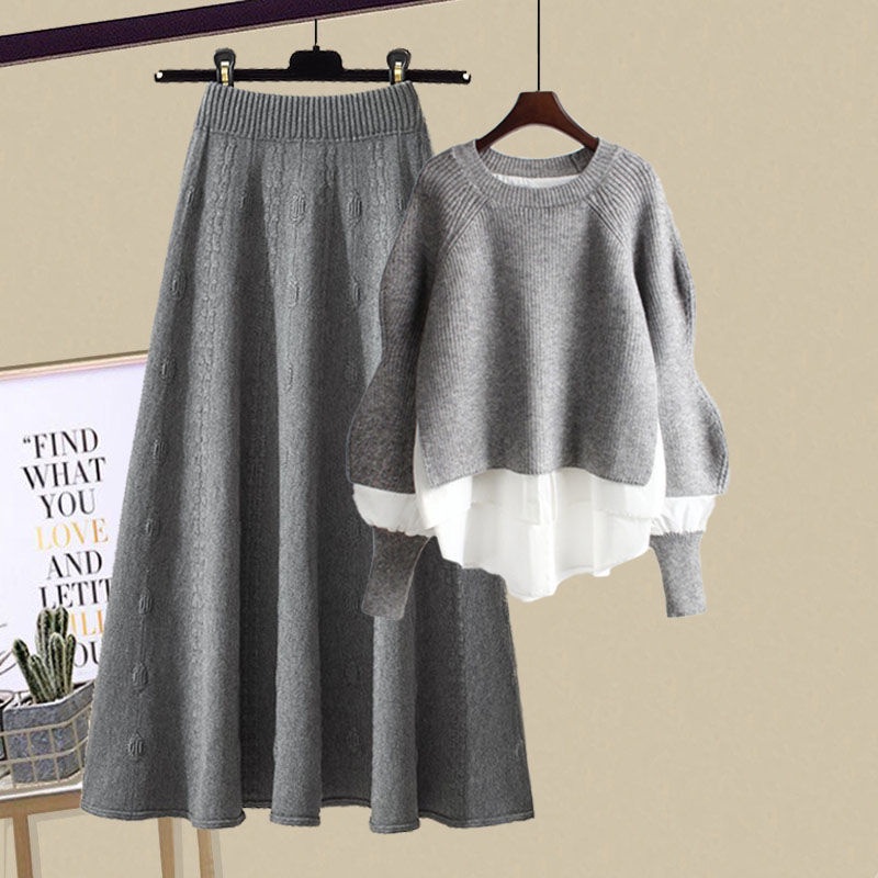 Plus Bộ Áo Sweater Giả Hai Mảnh Dáng Rộng + Chân Váy Dệt Kim Phong Cách Phương Tây Thời Trang Mùa Đông 2022 Cho Nữ
