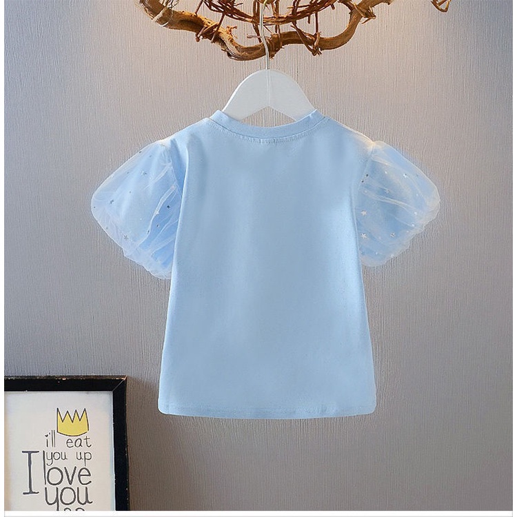 Trẻ em gái áo sơ mi thời trang puff tay ngắn áo sơ mi cổ tròn trẻ em chất lượng cotton t-shirt hàn quốc