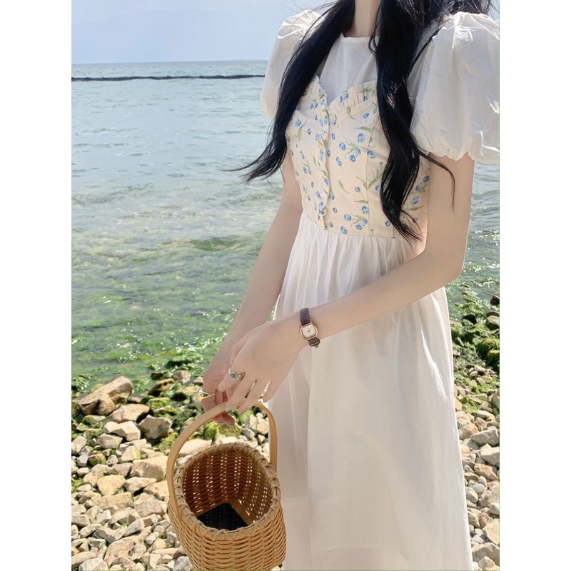 Váy dài thời trang retro hoa giả hai chiếc váy dài eo người phụ nữ