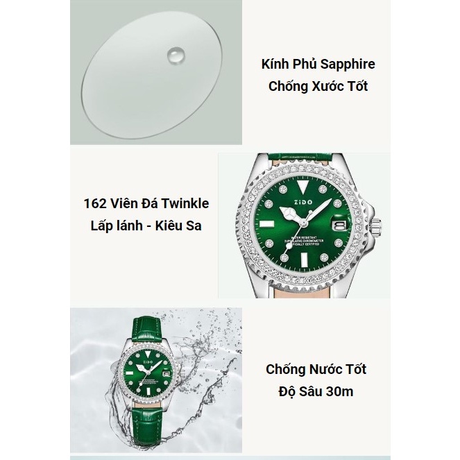 Đồng hồ nữ ZIDO có lịch ngày dây da mặt tròn đính đá full viền sang trọng Ksport86 bảo hành 6 tháng