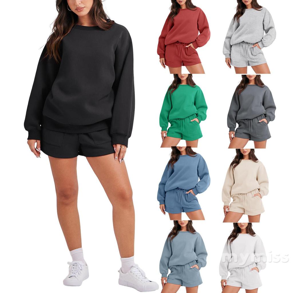Mymiss1-women workout set áo chui đầu màu đồng nhất và quần short chạy bộ với bộ đồ thể thao có túi