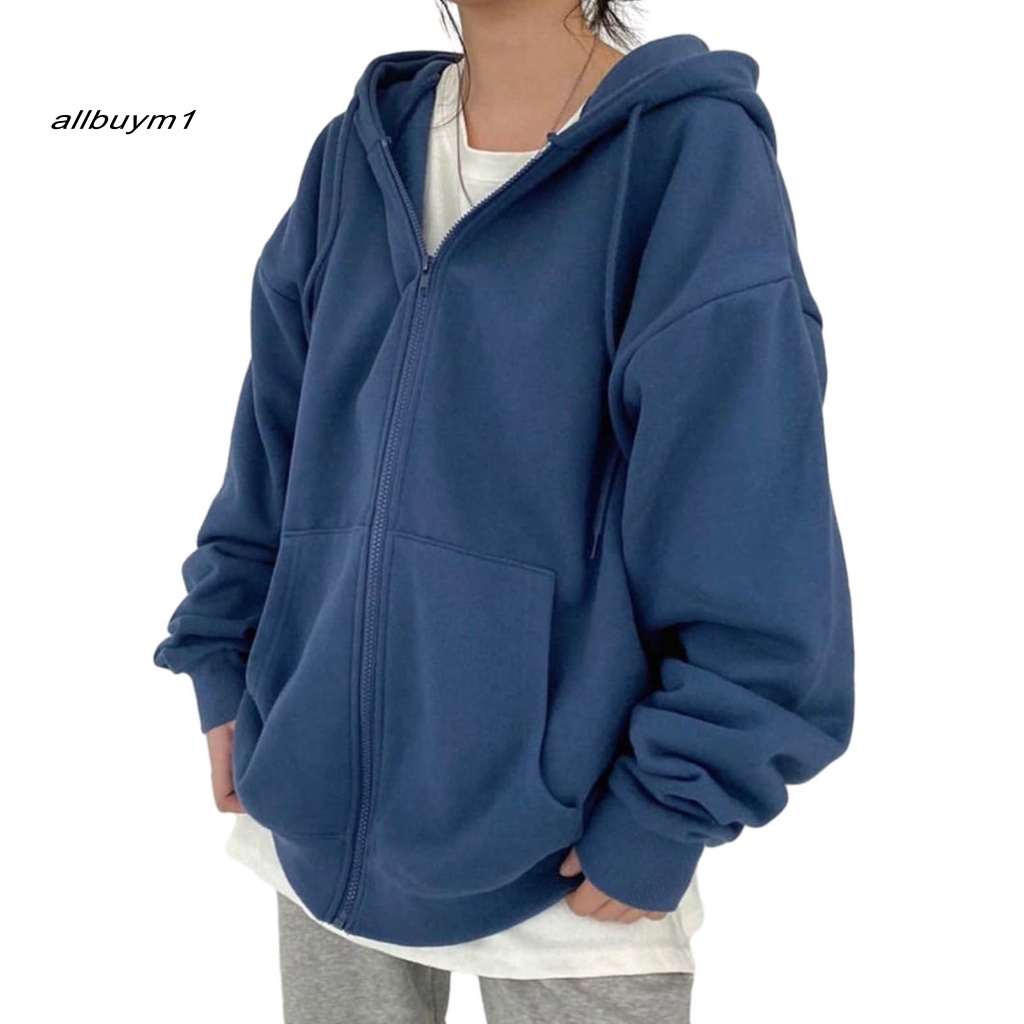 (allbuy) Áo khoác dài tay có dây kéo áo khoác nữ zip-up áo khoác mùa đông áo khoác có dây kéo dày có mũ trùm đầu dài tay màu rắn túi thun co giãn đa năng và phong cách cho các mùa