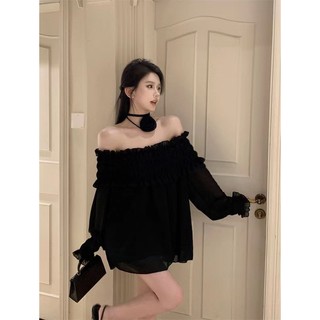 Nhẹ nhàng voan lệch vai lá sen viền vai váy dài tay cho phụ nữ váy ngắn mỏng và nhỏ