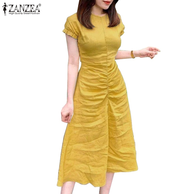 Đầm ZANZEA tay ngắn phối dây kéo xếp ly phong cách Hàn Quốc thời trang dành cho nữ