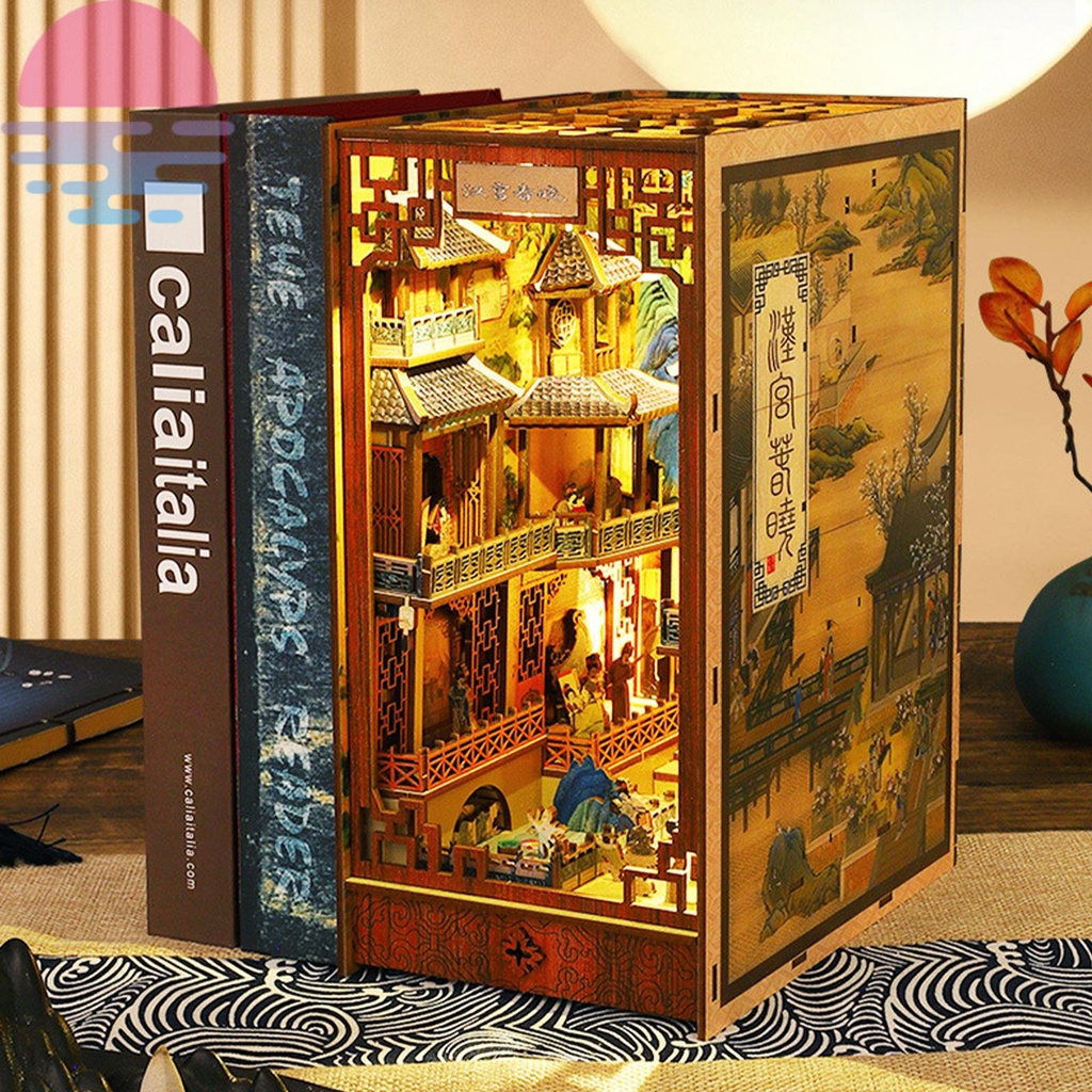Diy book nook kit 3d xếp hình bằng gỗ giá sách chèn trang trí với cảm biến led ánh sáng diy miniature dollhouse model kit shops shopkc0122