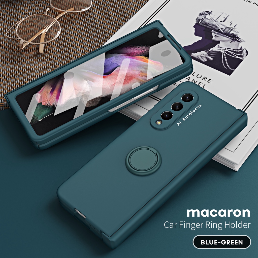 Macaron skin soft phone case cho samsung galaxy z fold 5 fold 4 fold 3 fold 2 car magnet bracket housing hinge with tempered glass protector film