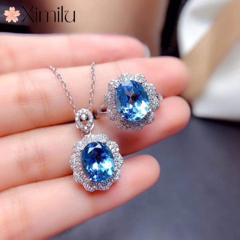 Sản phẩm mới ban đầu bộ trang sức topaz màu xanh nhạt sang trọng nhẫn bạc tinh tế mặt dây chuyền nữ vòng cổ sang trọng quà tặng sinh nhật