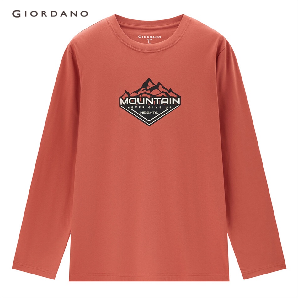 Áo thun GIORDANO 13093791 cotton cổ tròn dài tay họa tiết chữ dành cho nam