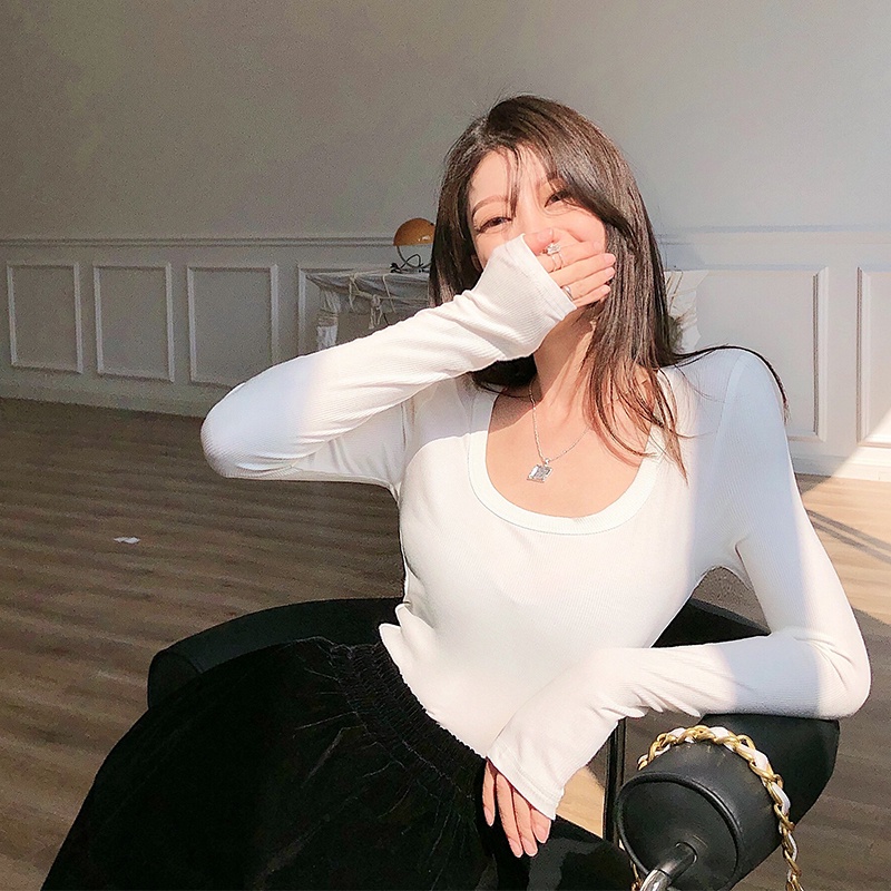 Sexy skinny long-sleeved t-shirt u-neck thoải mái hàng đầu của phụ nữ mùa thu hzfwc8151