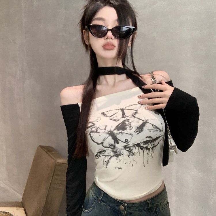 Áo thun COZOK dài tay họa tiết bướm phối màu tương phản thời trang gợi cảm dành cho nữ